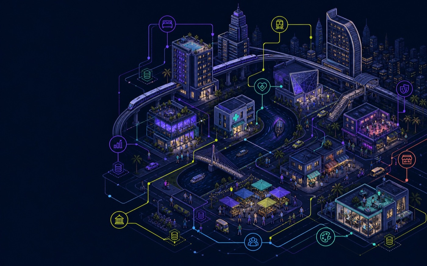Illustrated Bangkok system connecting information, mobility, accommodation, services, health, local business and public space