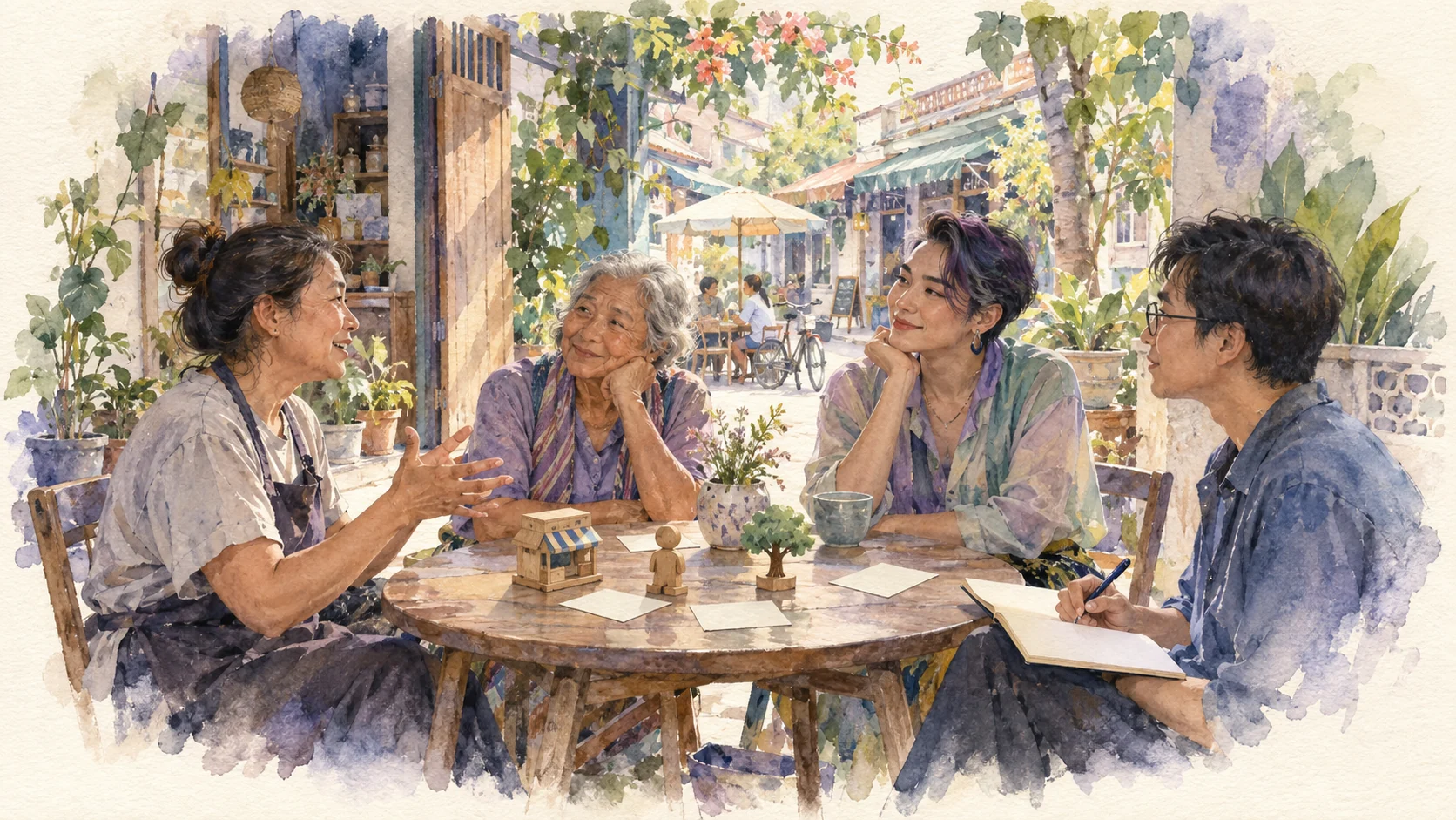 Watercolour concept of residents, visitors and businesses listening and learning together