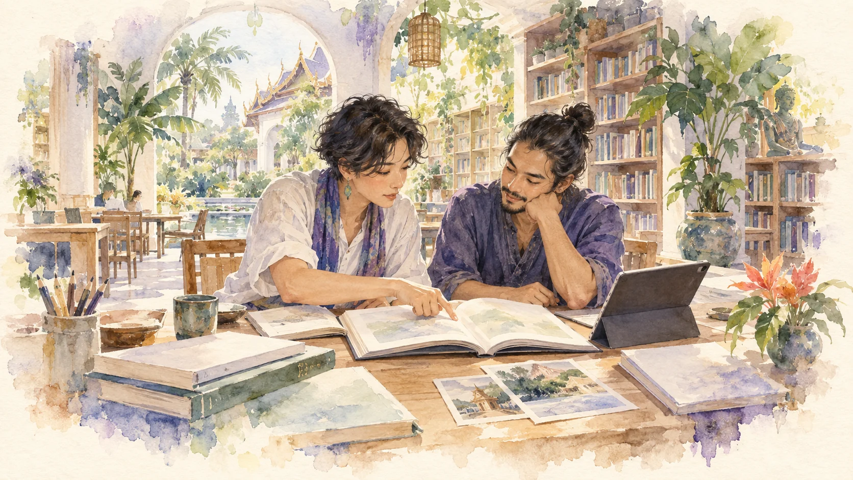Watercolour concept of readers exploring books and evidence together
