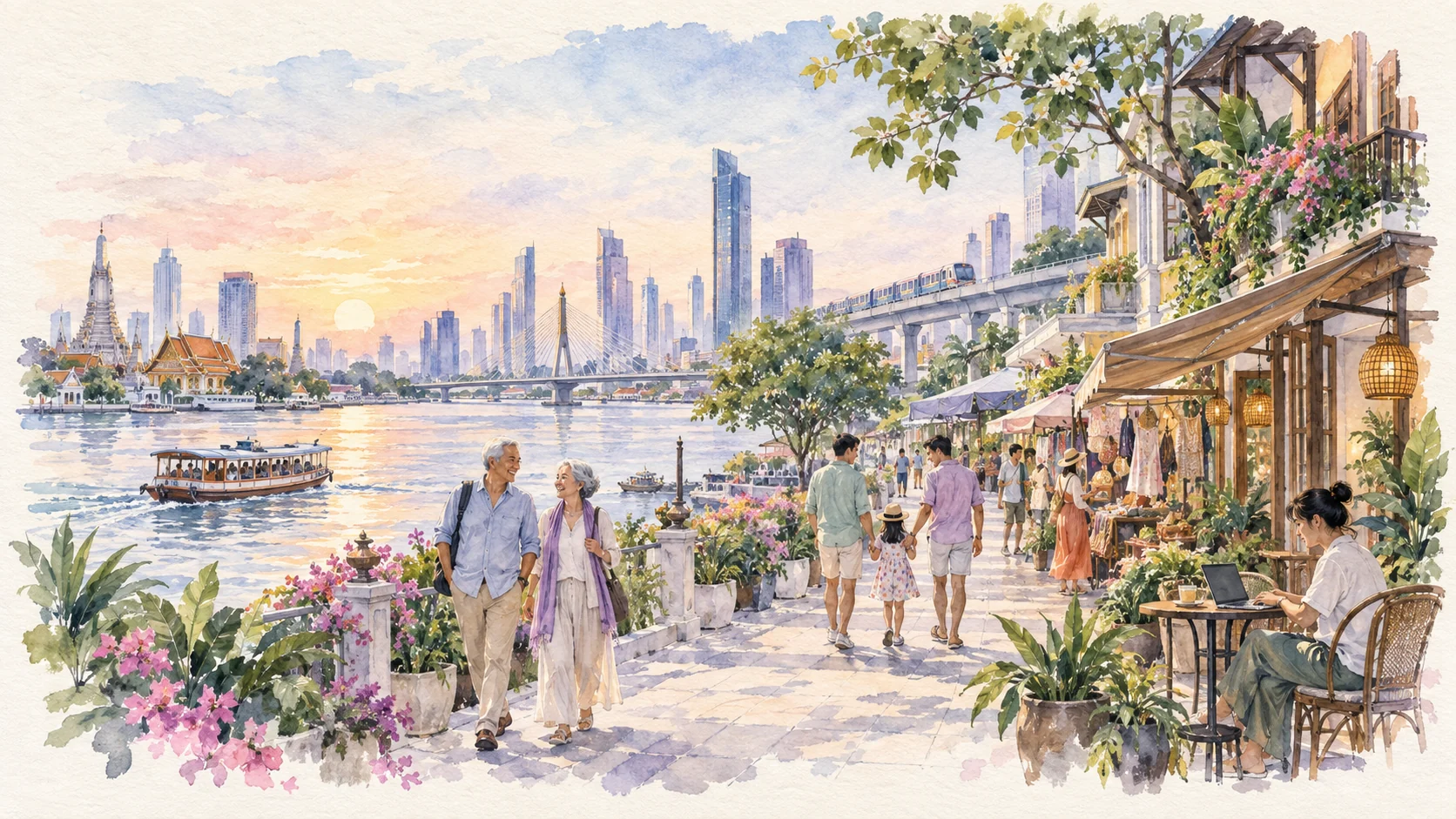 Watercolour concept of travel, family, culture and work in a Thai riverside city