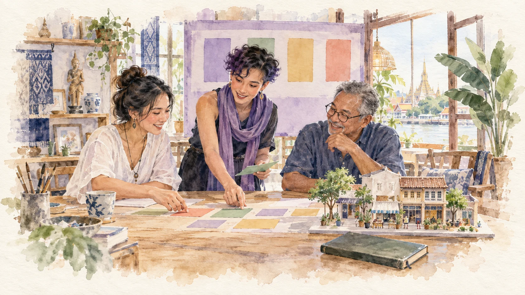 Watercolour concept of a small team designing a service improvement