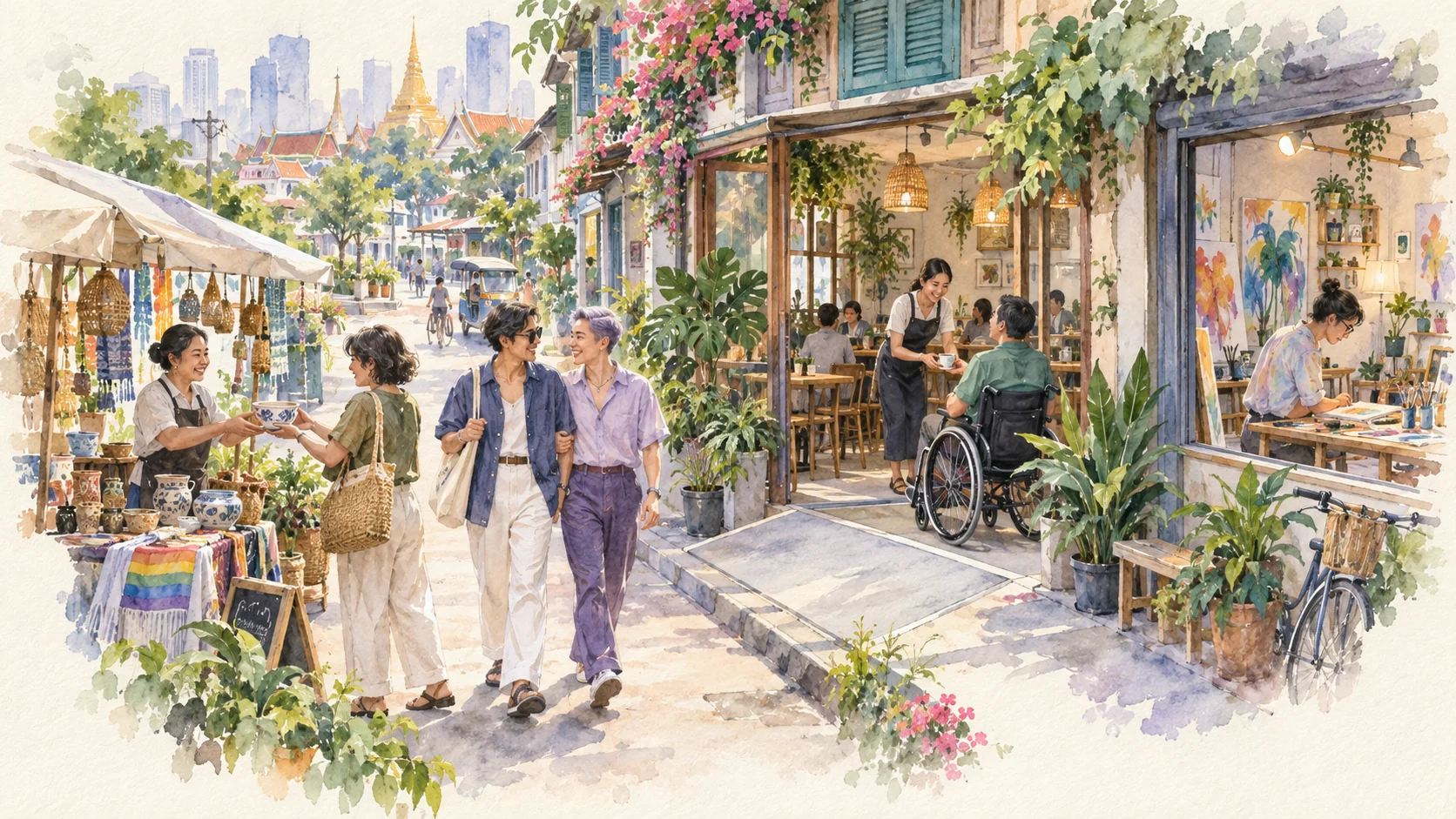 Watercolour concept of people, local businesses and everyday life in a Thai neighbourhood