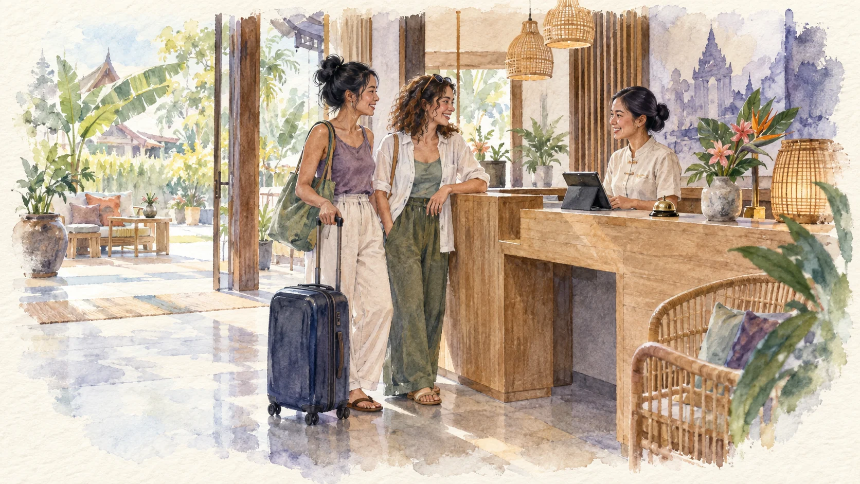 Watercolour concept of a welcoming and accessible guesthouse reception